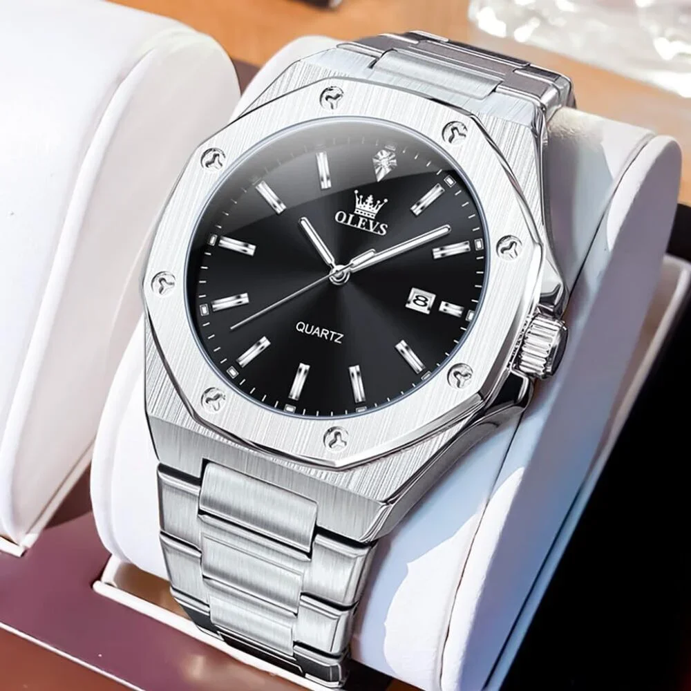 Olevs Men's Silver-Black Stain Steel Analog Luminous Waterproof Easy Wear Watch